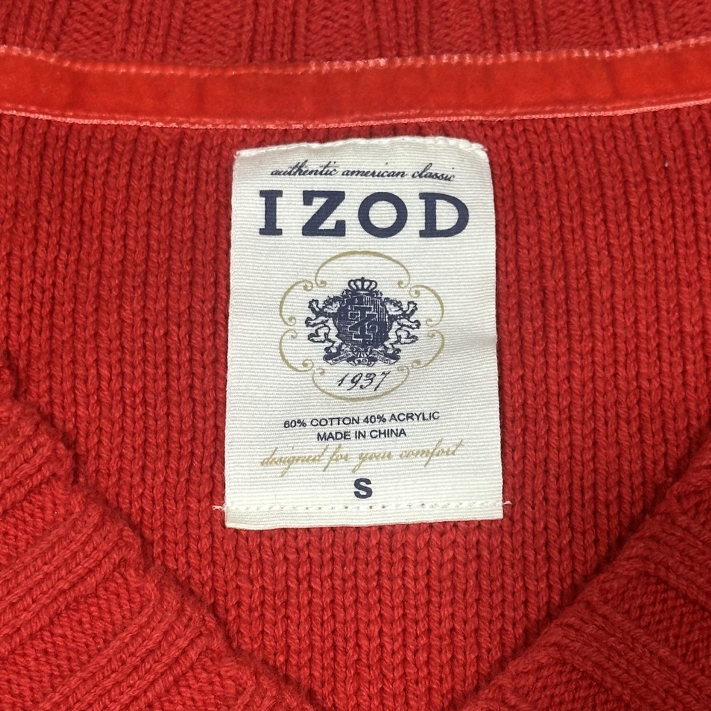 IZOD Mens Red V-Neck Textured Popcorn Knit Cotton Blend Sweater Size S - Picture 2 of 10